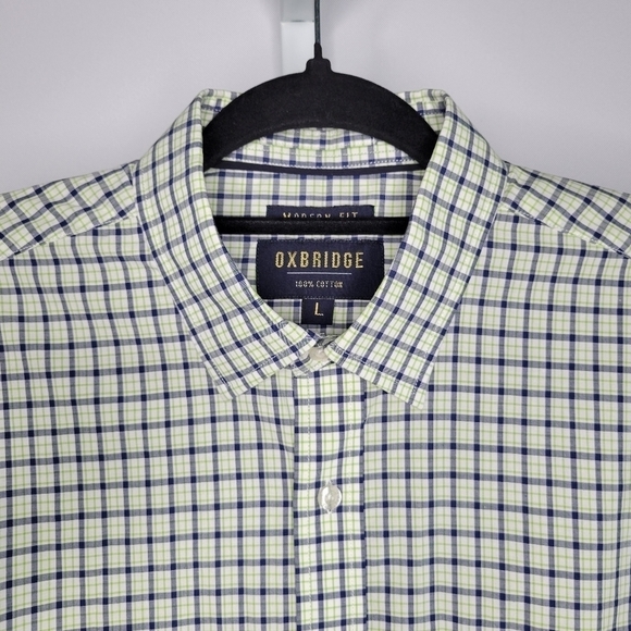 Oxbridge by Ron Bennett Modern Fit Green & Navy Plaid Button Front Shirt Size L - Picture 2 of 7